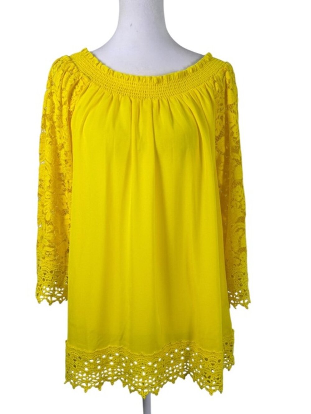 Colleen Lopez Yellow Lace Sleeve Off Shoulder Boho Tunic Top M - Picture 2 of 13